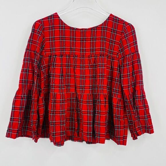 Madewell Size Small Red & Black Plaid Tiered Button Back Swing Top - Picture 3 of 11